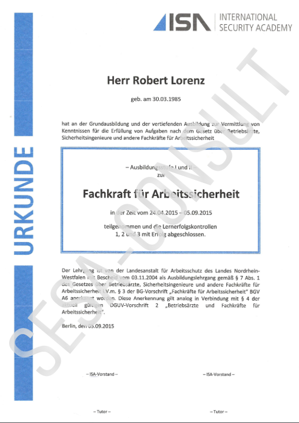Fachkraft für Arbeitssicherheit Zertifikat der International Security Academy für Fachkraft AV-Sicherheit.