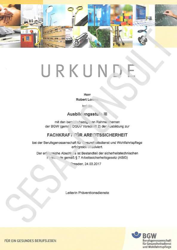 Urkunde der BGW (SiFa) Urkunde mit verschiedenen Bildern, die Erfolge und Auszeichnungen darstellen.