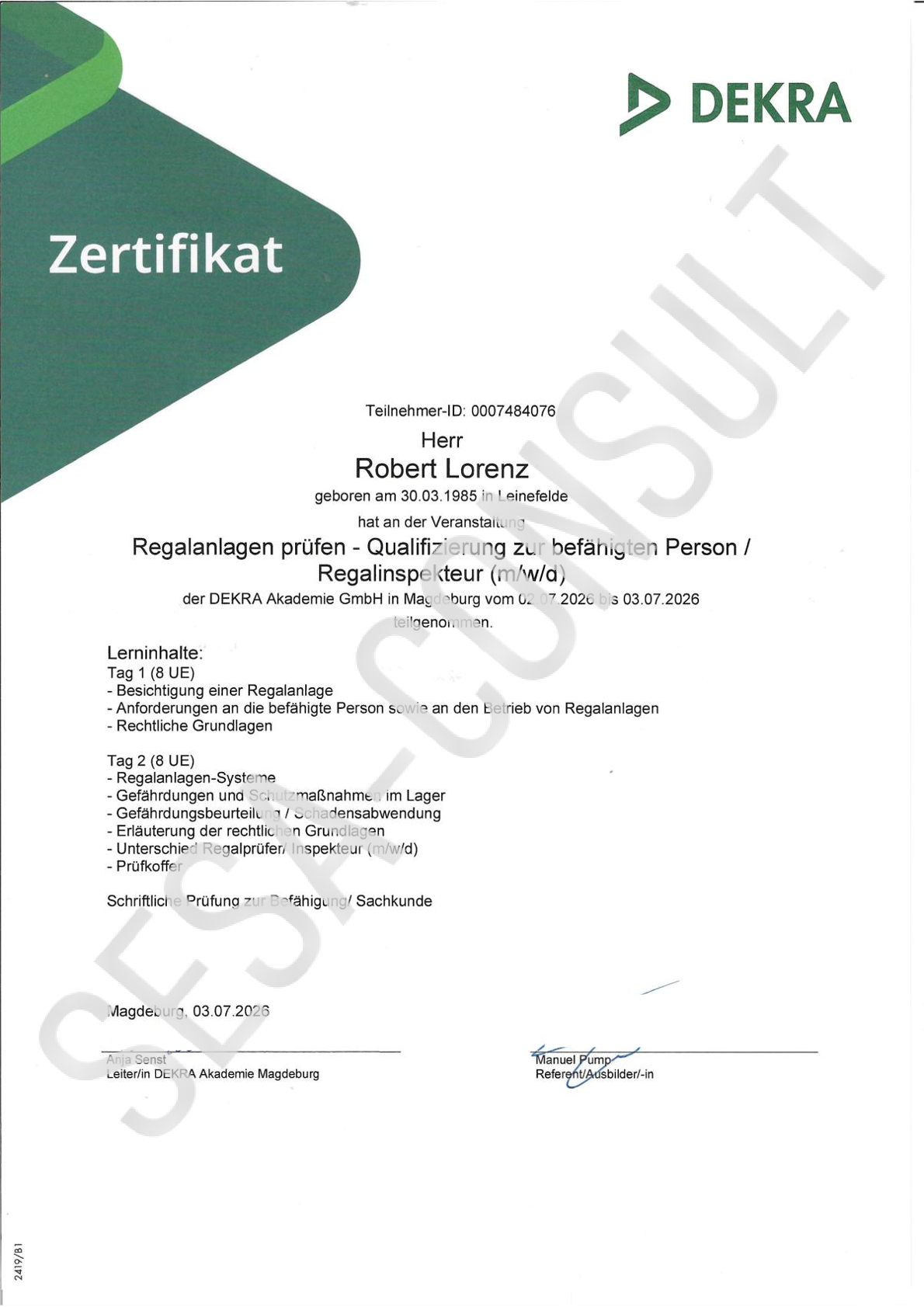 Prüfung von Regalanalagen Qualifizierung zur befähigten Person zur Prüfung von Regalanlagen